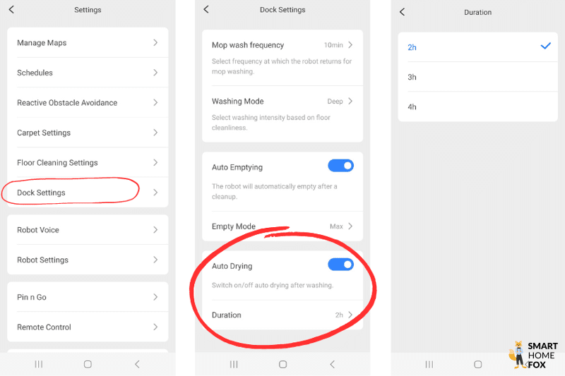 В приложении Roborock можно выбрать различные настройки времени сушки.